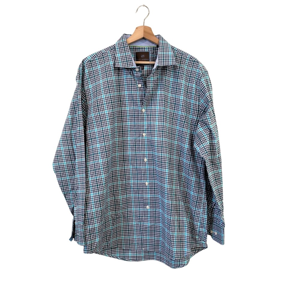 Tattersall London Mens XL Blue Teal Plaid Check Cufflink Ready Button Down Shirt